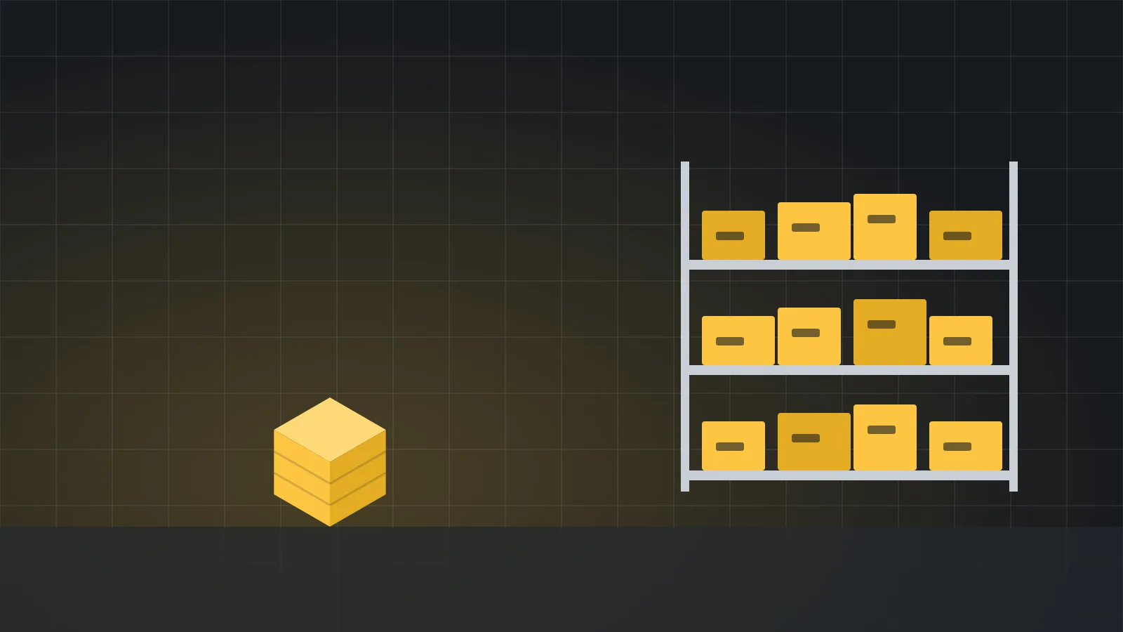 Illustration of shelving loaded with labelled stock boxes